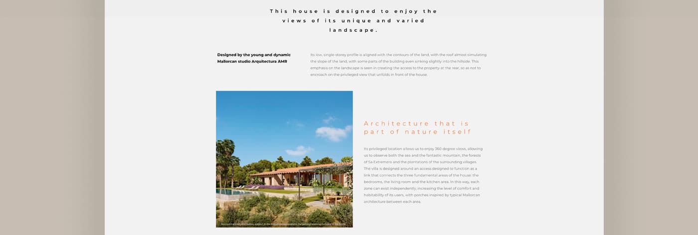 Casa Falcó descriptive text next to a photograph of the home seen from the garden