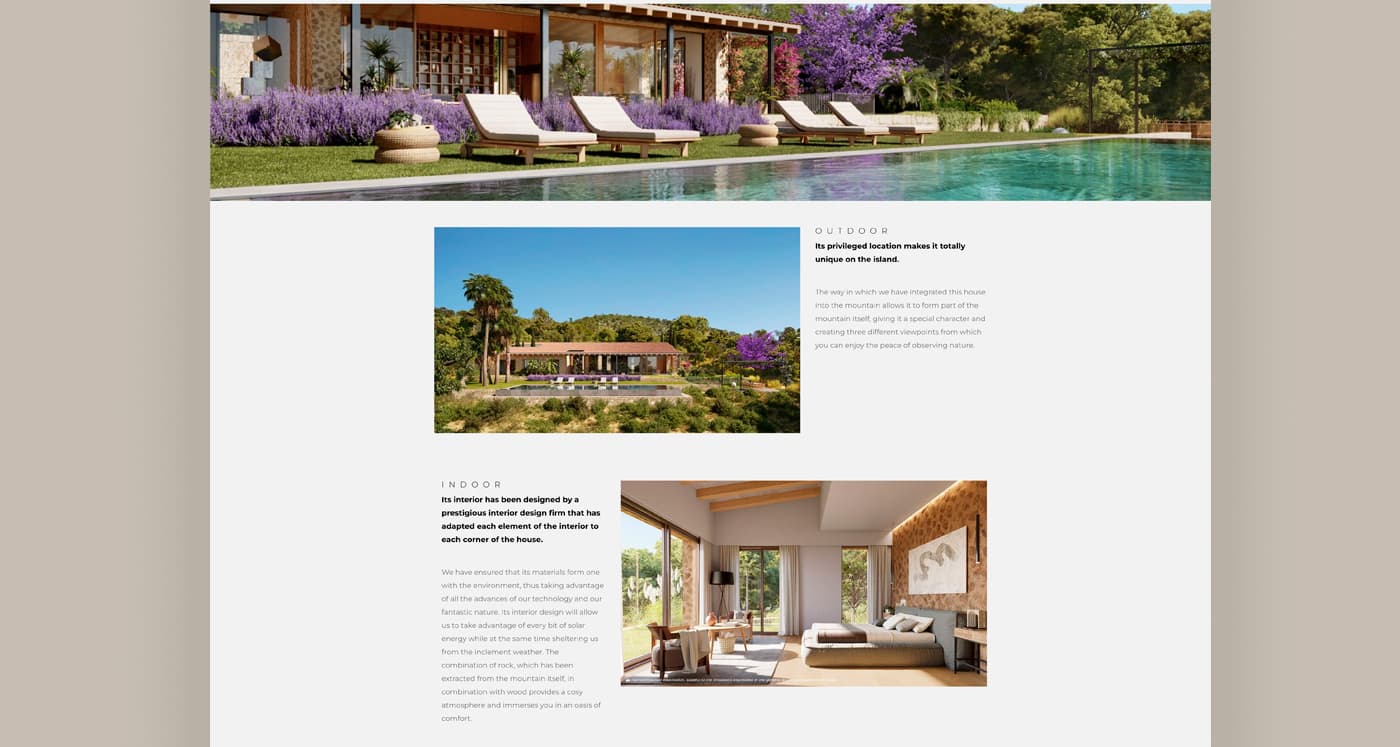 Panoramic photograph of Casa Falcó's lavender-lined pool, with an interior bedroom