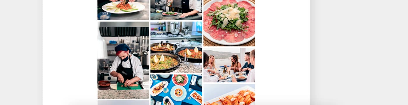 Galería de fotografías de platos, cocina en acción y comensales en la terraza