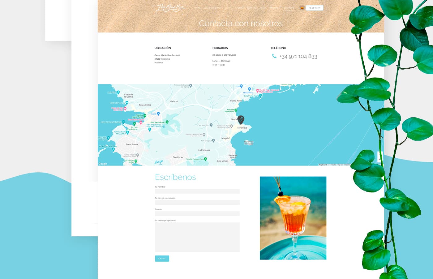 Página de contacto con el mapa de ubicación y una fotografía de un cóctel