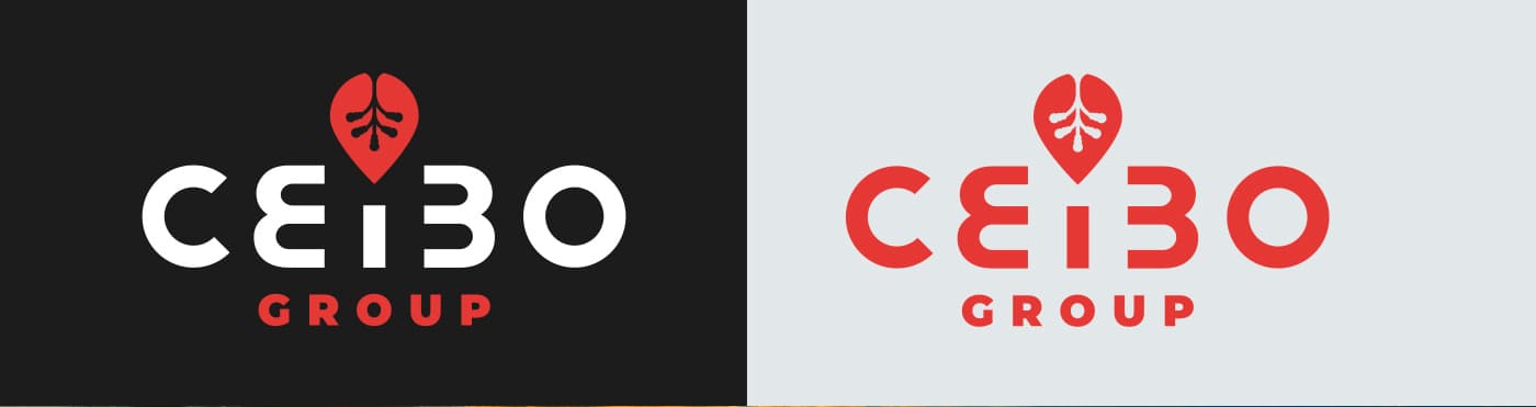 Logotipo de Ceibo Group en blanco sobre negro y en rojo sobre gris claro