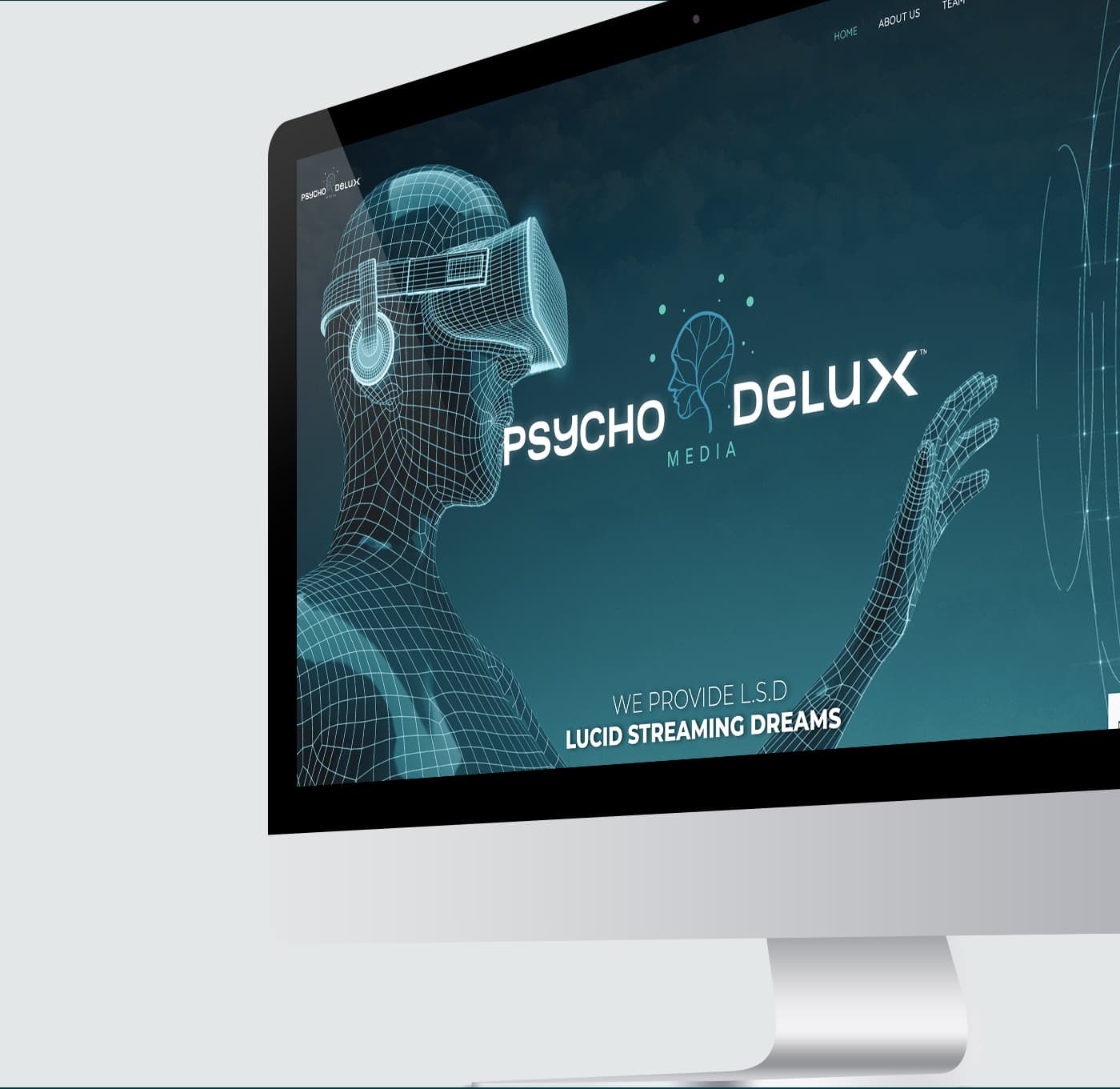 Mockup de iMac con la web y una figura en wireframe con gafas de realidad virtual