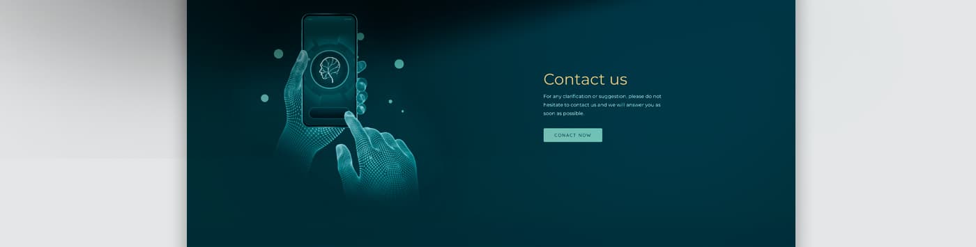 Sección de contacto de la web con unas manos en wireframe sosteniendo un móvil