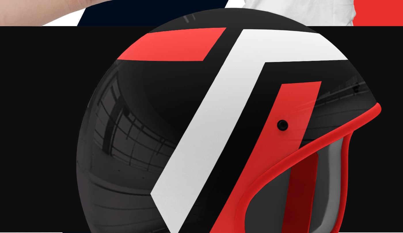 Black, white and red motorcycle helmet with the brand's T symbol