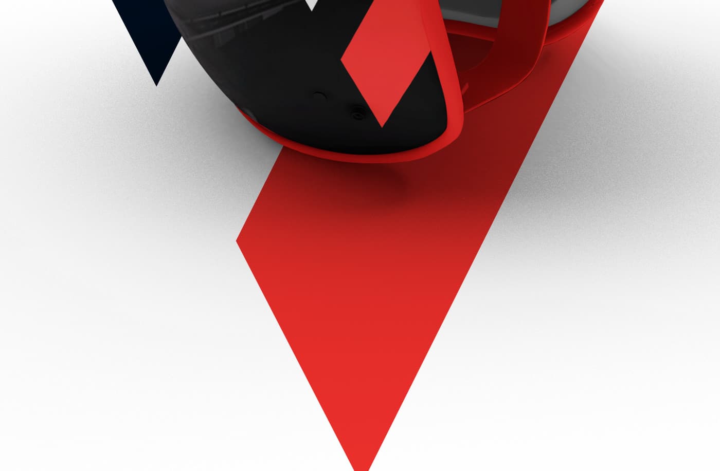 Detail of the helmet with the symbol in red and black on a white background