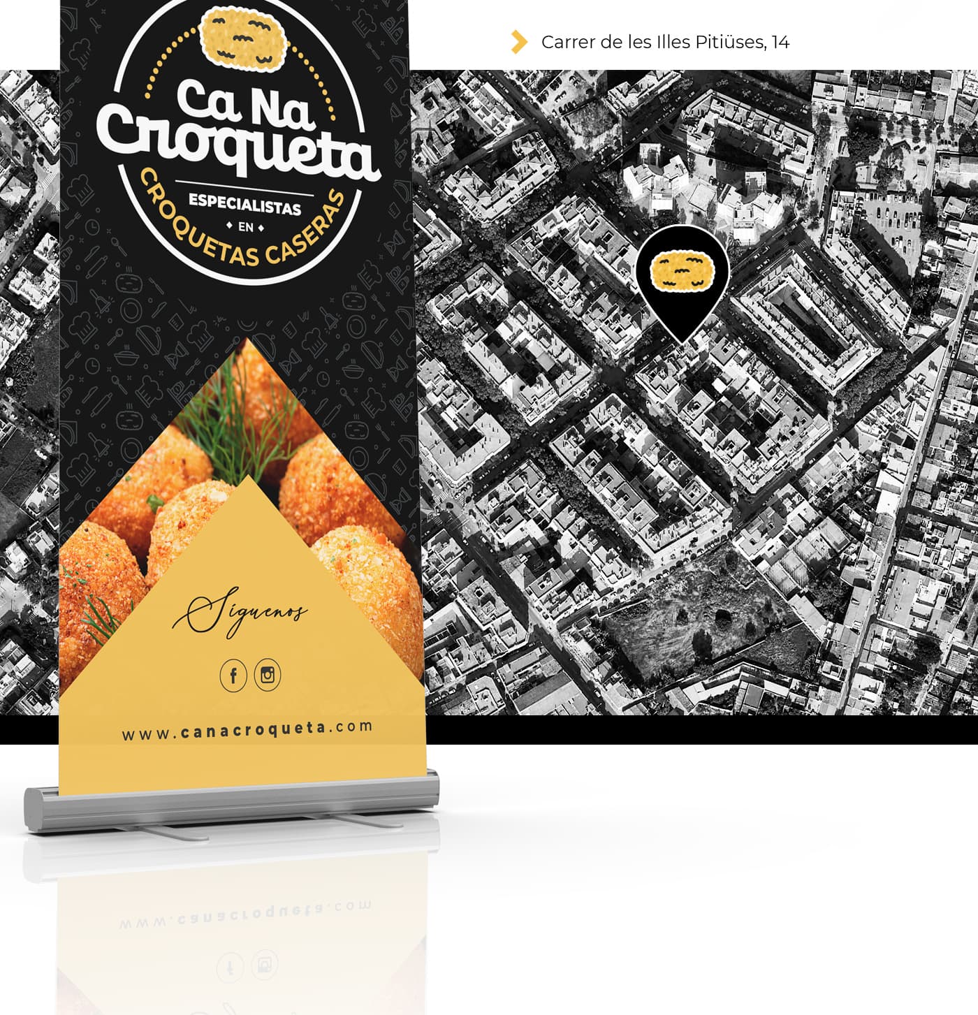 Roll-up publicitari i mapa de localització del restaurant a Palma