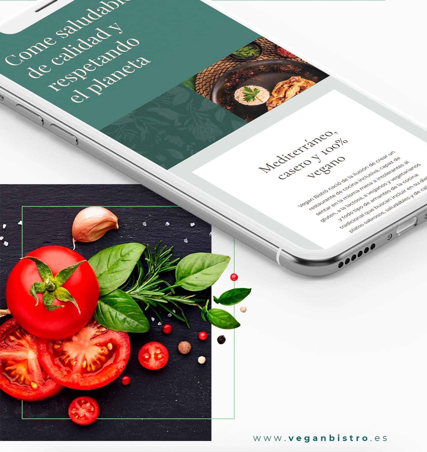 Mobile screen mockup with the Vegan Bistro website and a photograph of ingredients