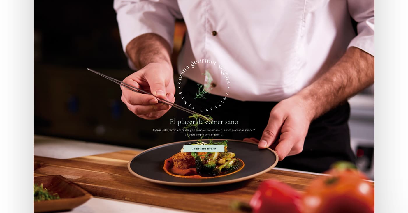 Photograph of a chef plating a dish overlaid on the Vegan Bistro website cover