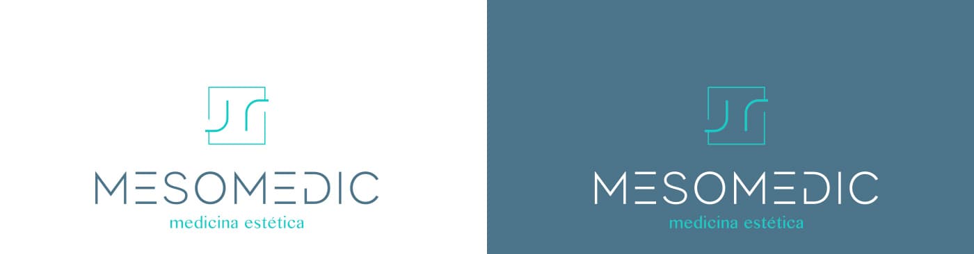 Aplicacions del logotip MESOMEDIC sobre fons blanc i blau petroli