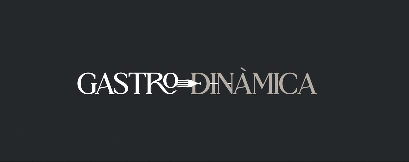 Gastrodinàmica logo in white and beige with a fork integrated into the letter O