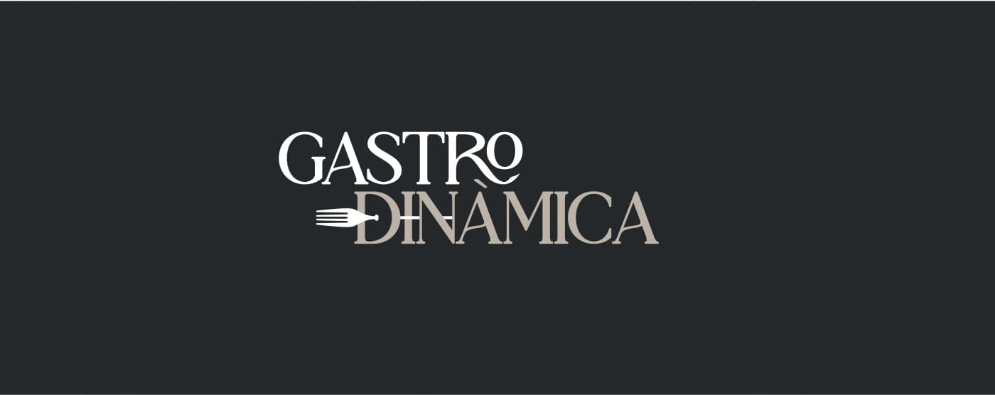 Two-line Gastrodinàmica logo on a dark background with a fork motif