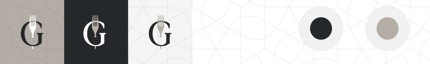 G-letter icon with a fork in three colour versions on beige, black and white backgrounds