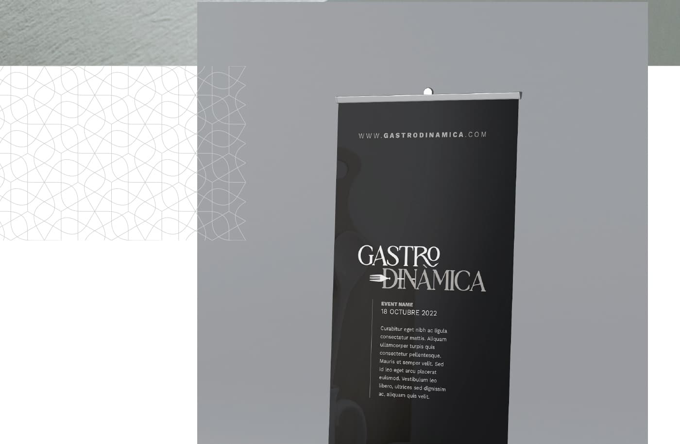 Black Gastrodinàmica roll-up with the logo and event details