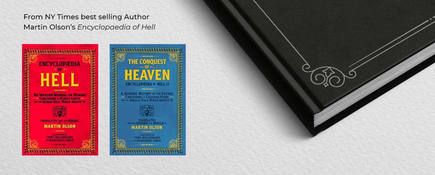 Covers of the books Encyclopaedia of Hell and The Conquest of Heaven next to a black cover