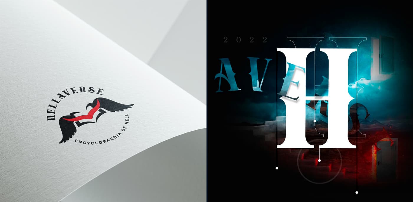 Hellaverse logo printed on paper next to an AVEH typographic composition