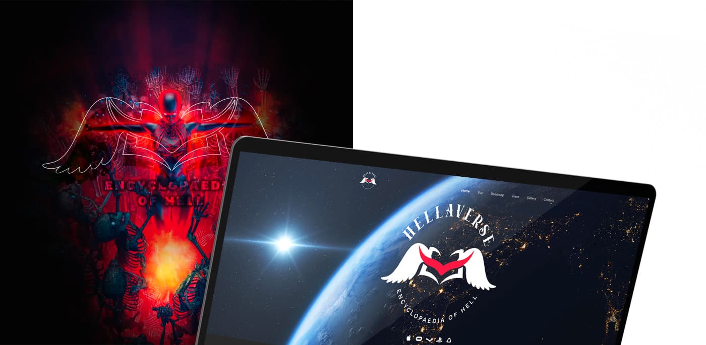 Illustration of a winged demon in flames next to the web mockup with Earth seen from space