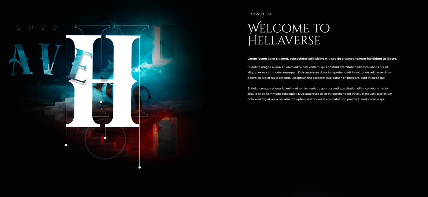 Welcome to Hellaverse section of the website with the typographic illustration in detail
