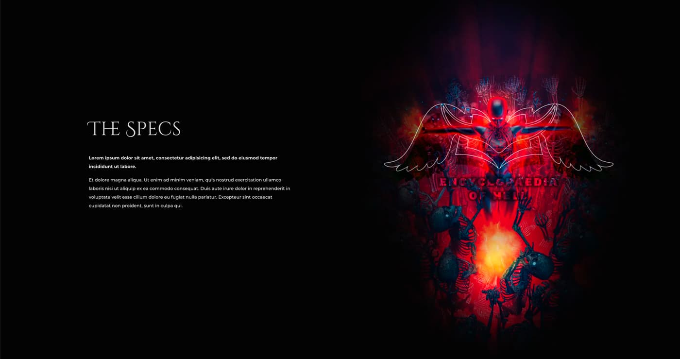 The Specs section of the website with the illustration of a winged demon in flames