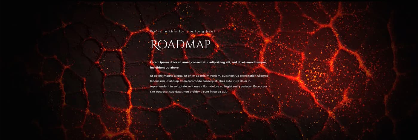 Roadmap section of the website over a cracked lava texture background