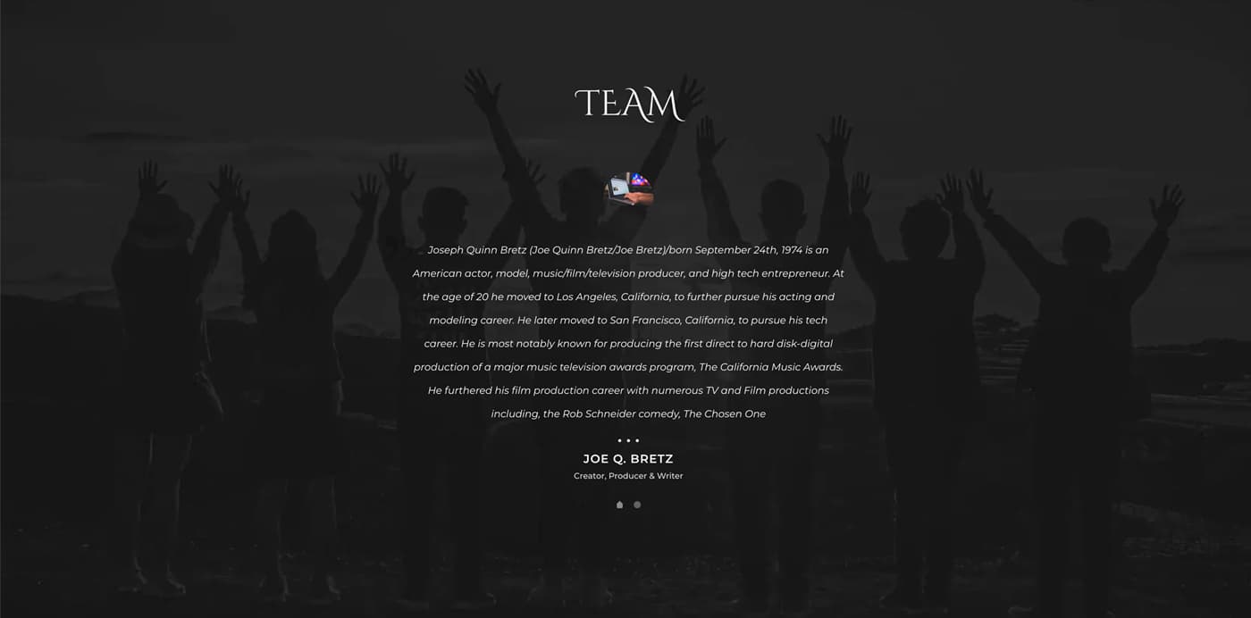 Team section of the website with the silhouette of people raising their arms