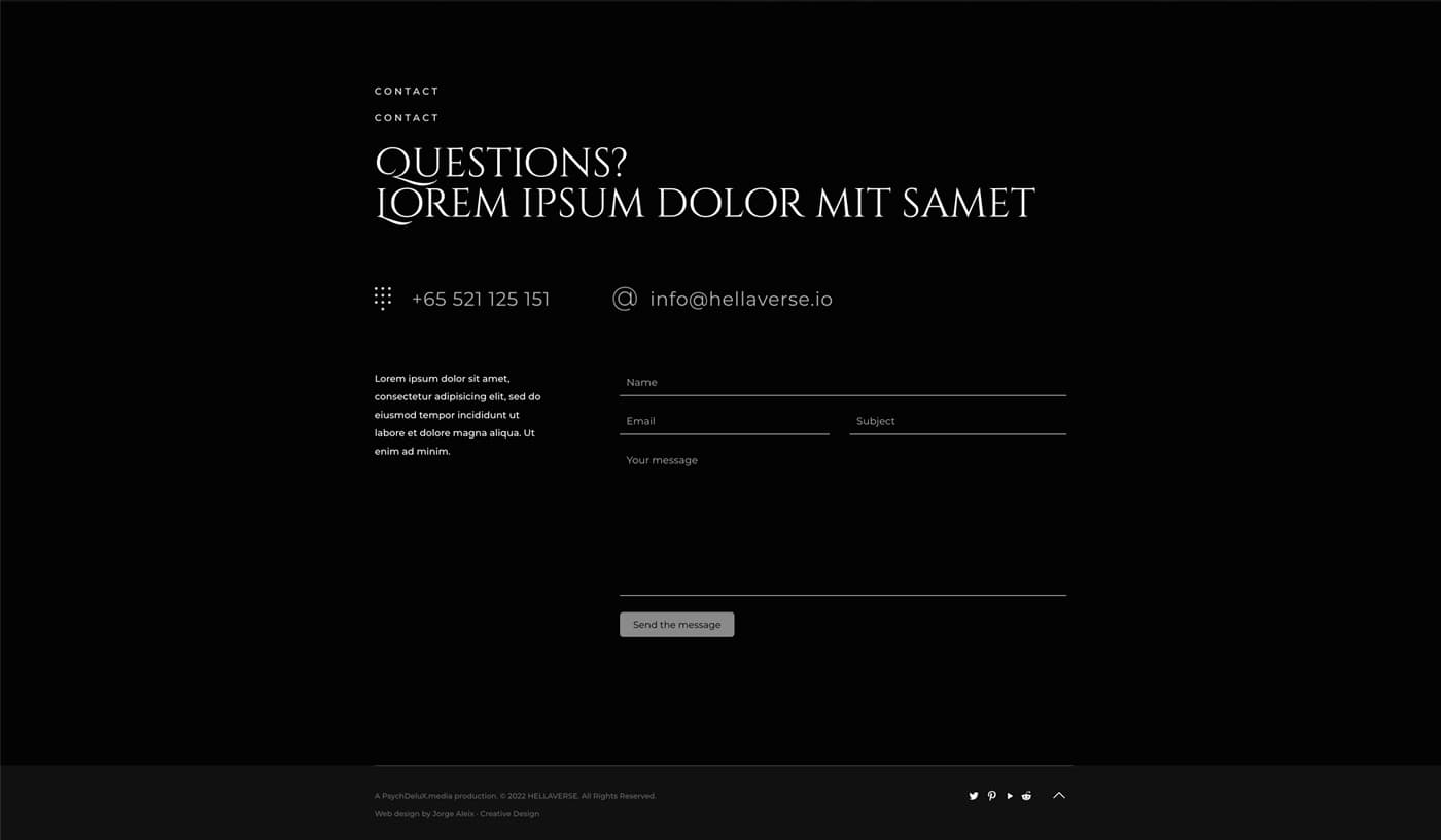 Contact section of the website with the Questions form on a black background