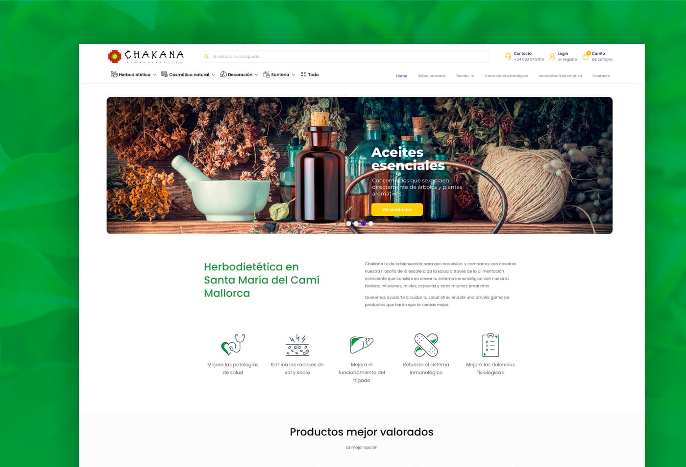 Website home page with an essential-oils banner