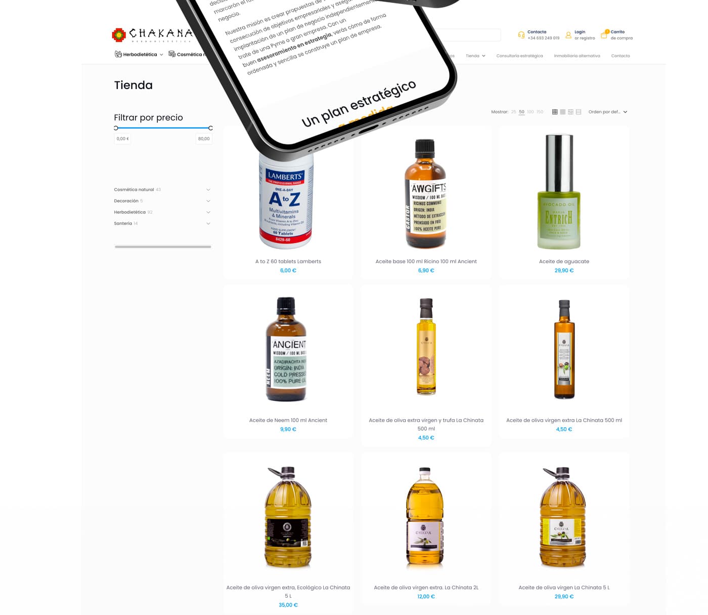 Shop catalogue with bottles of olive oil and cosmetics