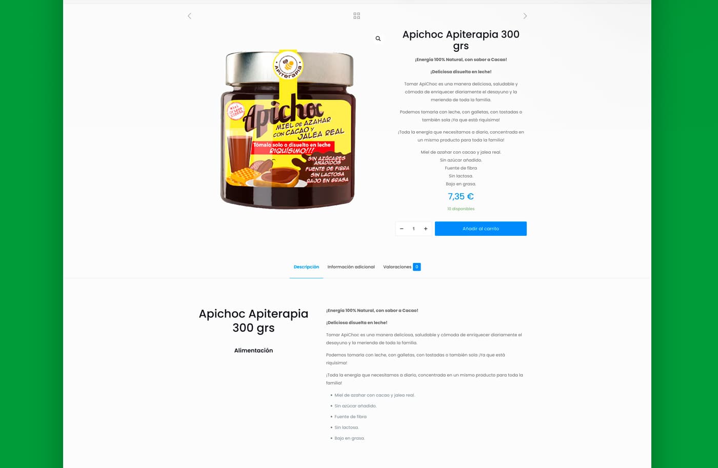 Product page for Apichoc, a cocoa and honey spread with royal jelly