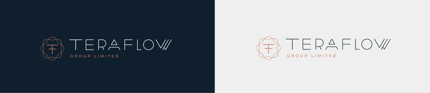Logotipo Teraflow Group en versión negativa sobre azul marino y positiva sobre gris claro