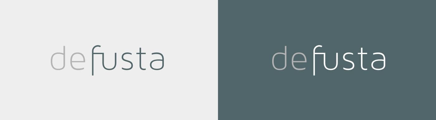 Defusta logo in grey and blue-grey on a light background and on a dark background