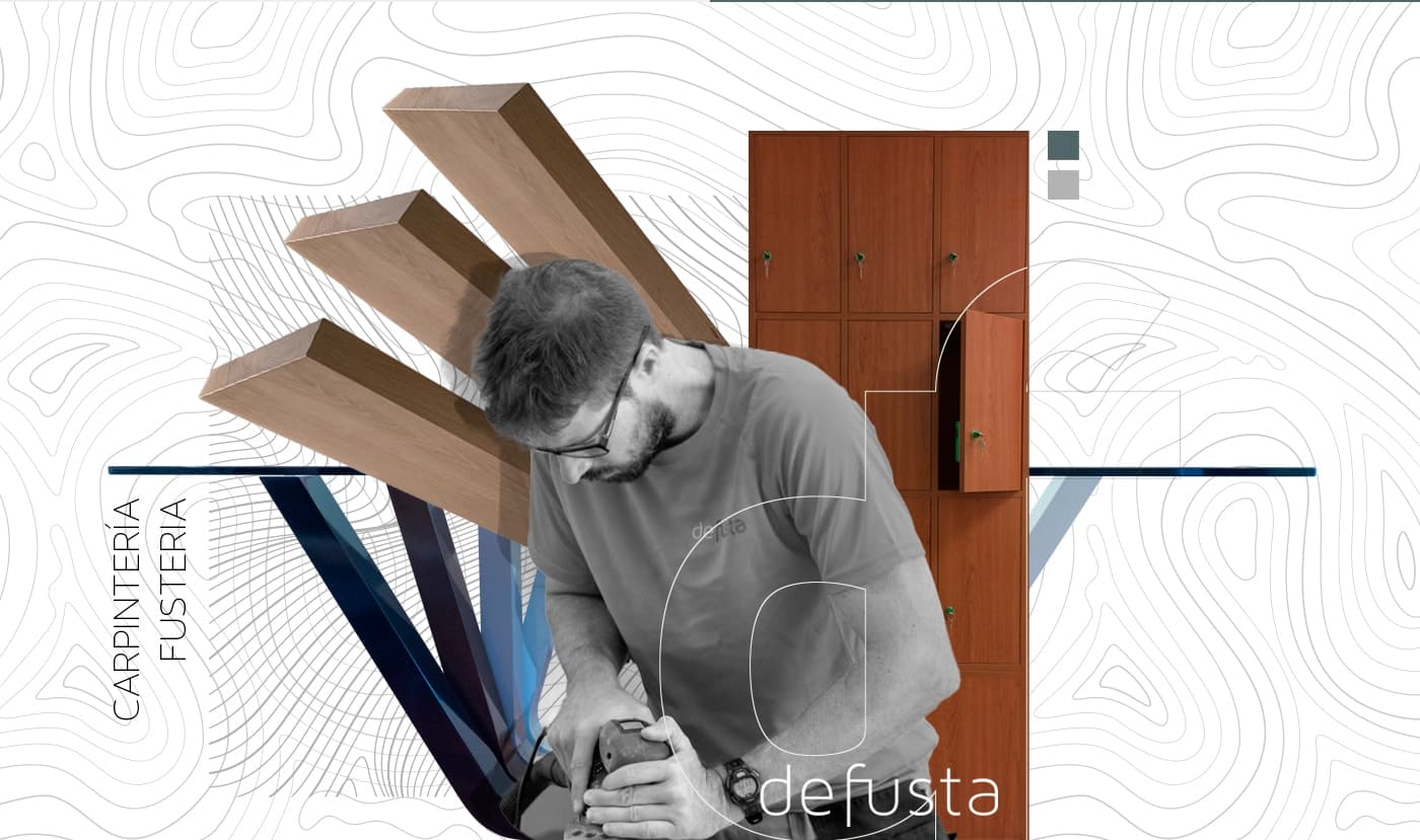 Collage with the Defusta isotype, wooden planks and a carpenter sanding a piece of furniture