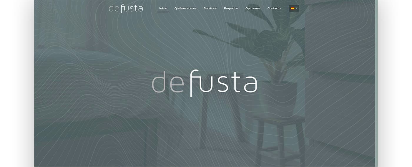 Defusta website on a laptop with the logo over a photo of a lounge with a plant
