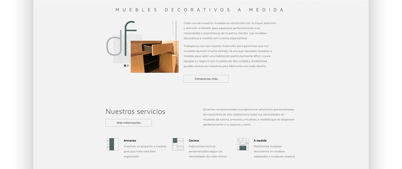 Website section on made-to-measure decorative furniture next to an open wooden drawer
