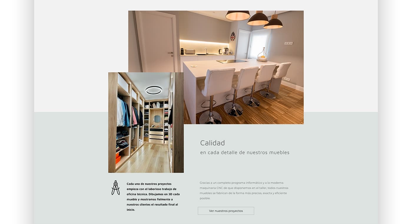 White kitchen with central island and wooden dressing room in the website's quality section