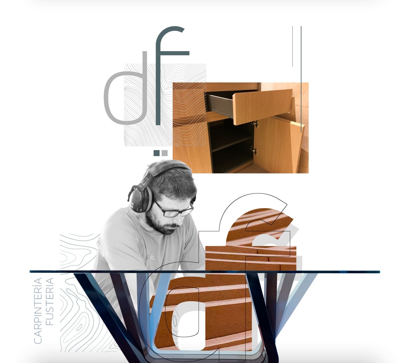 Collage with the Defusta isotype and a carpenter sanding a wooden piece of furniture