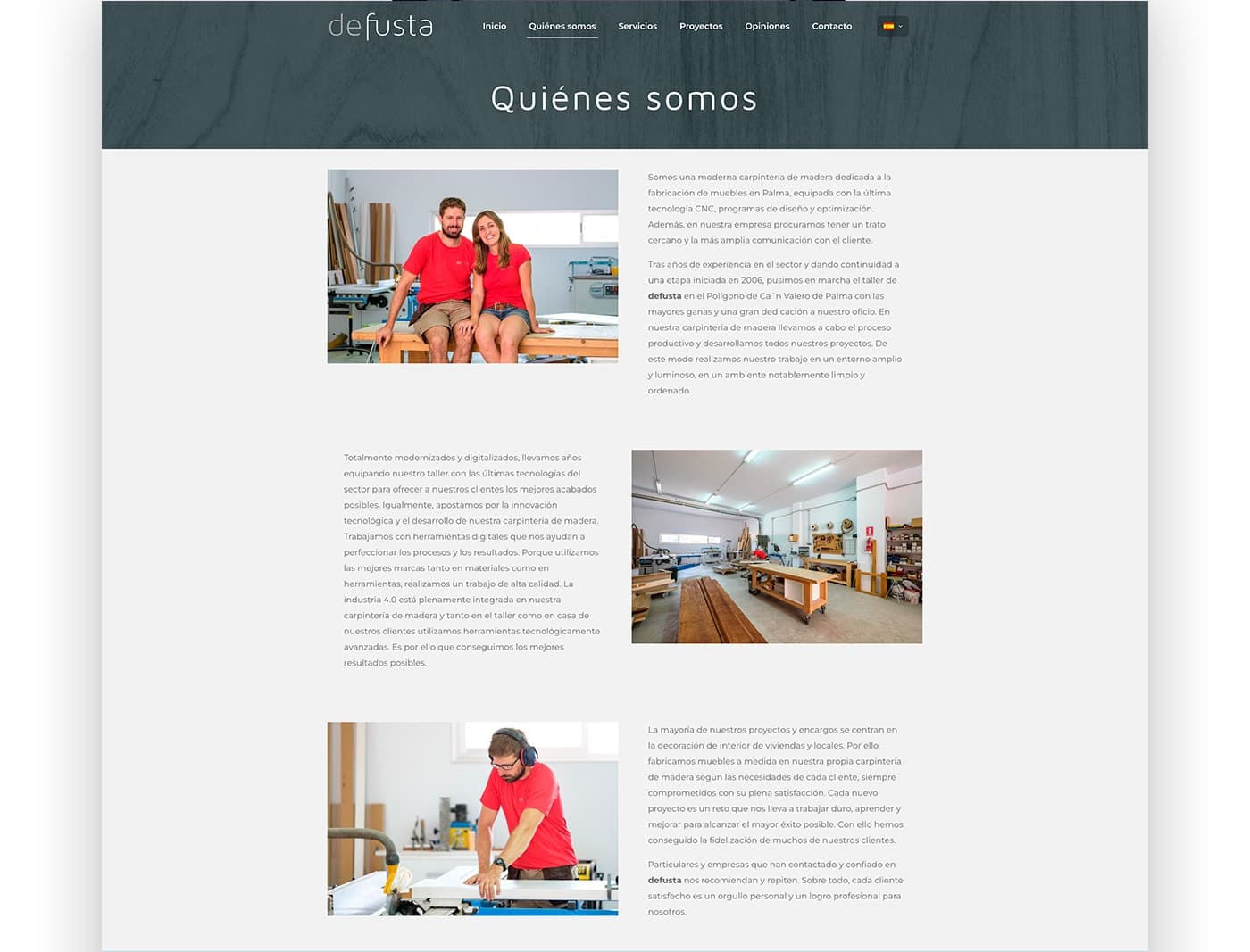 About Us web page with a photo of the founding couple and the carpentry workshop