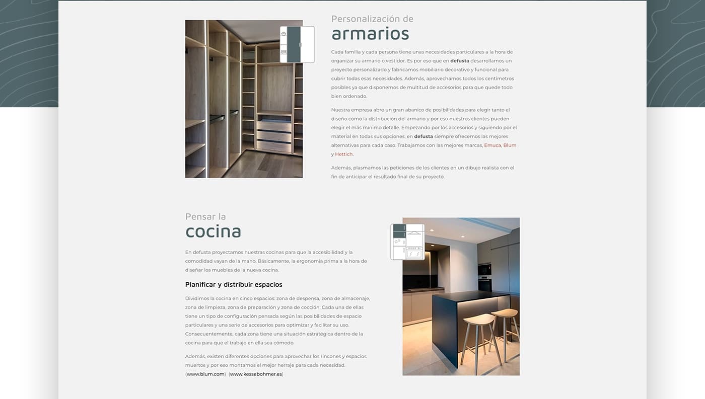 Section on made-to-measure wardrobes and kitchens with photos of a dressing room and a dark-island kitchen