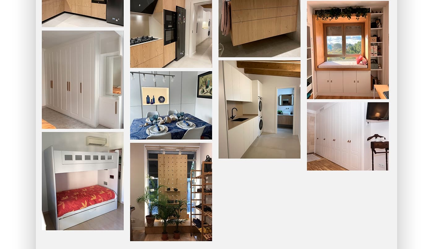 Grid of projects with fitted wardrobes, a kitchen and a window with a wooden bench