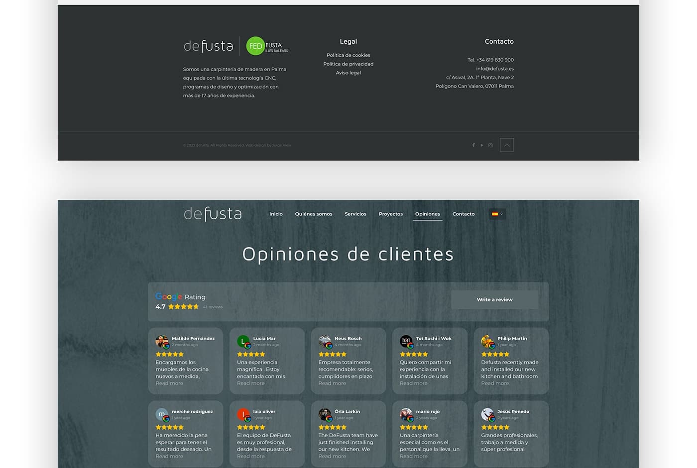 Website footer and customer reviews section with Google rating