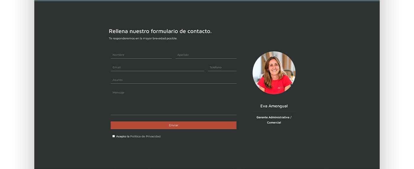 Website contact form next to a photo of the administrative manager