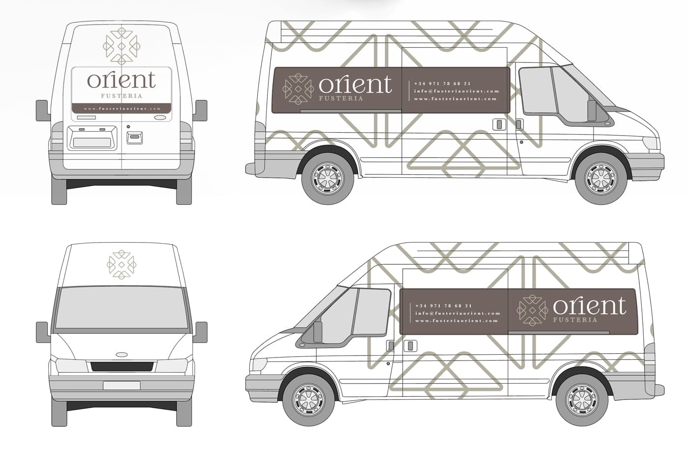 Furgoneta retolada amb el logotip i el patró geomètric de Fusteria Orient