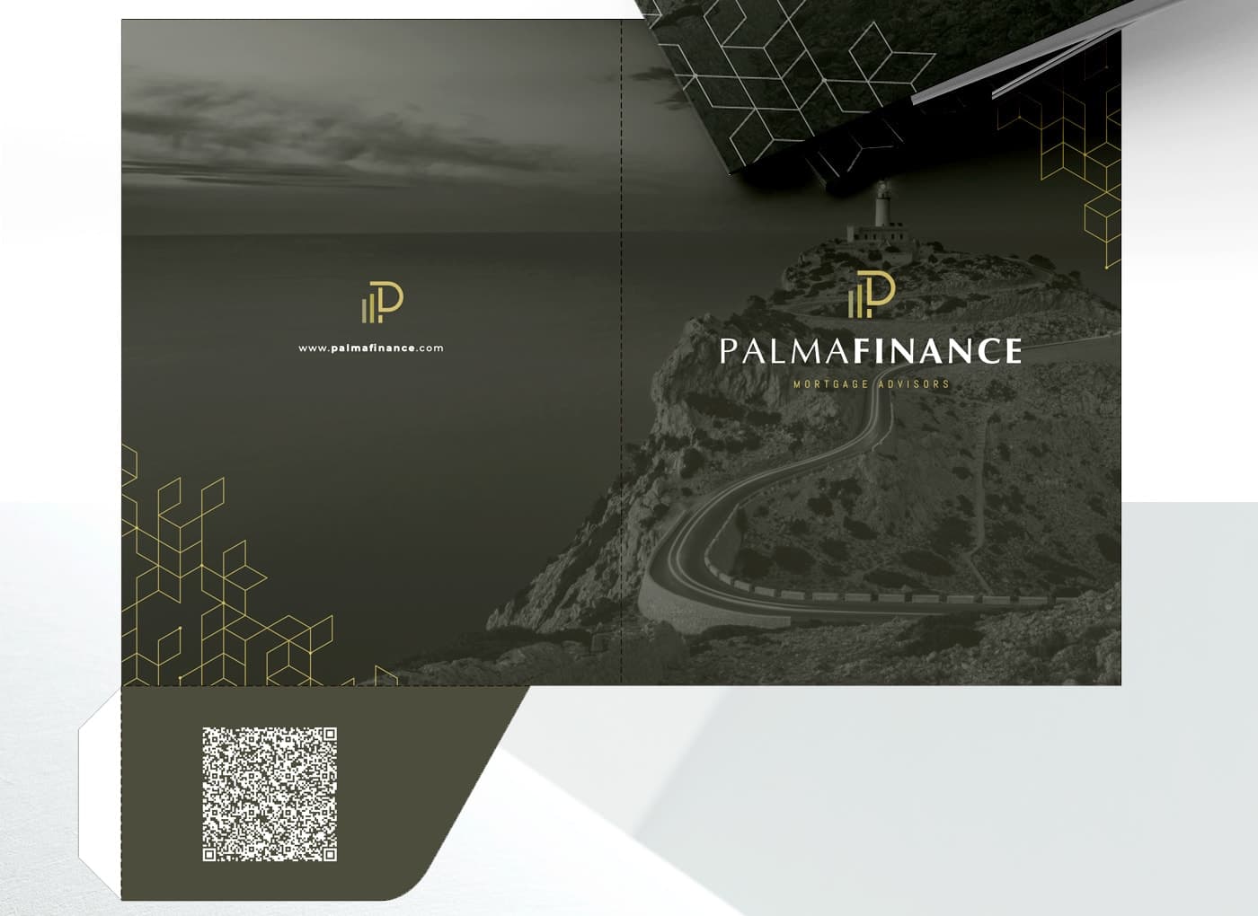 Corporate dossier open with a photo of a cliff and a QR code