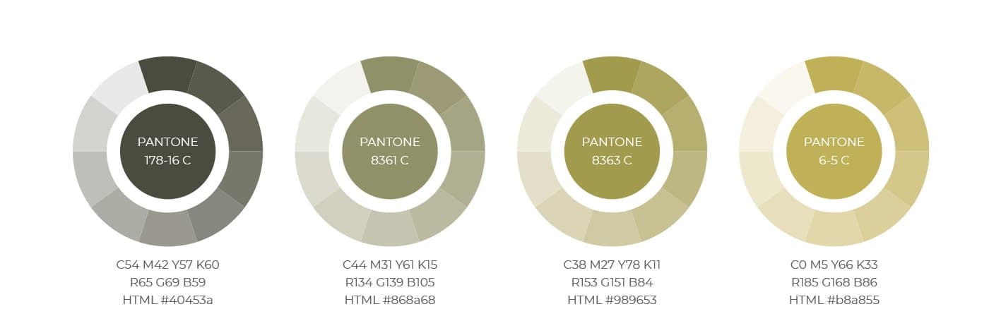Pantone colour palette in olive green and gold tones