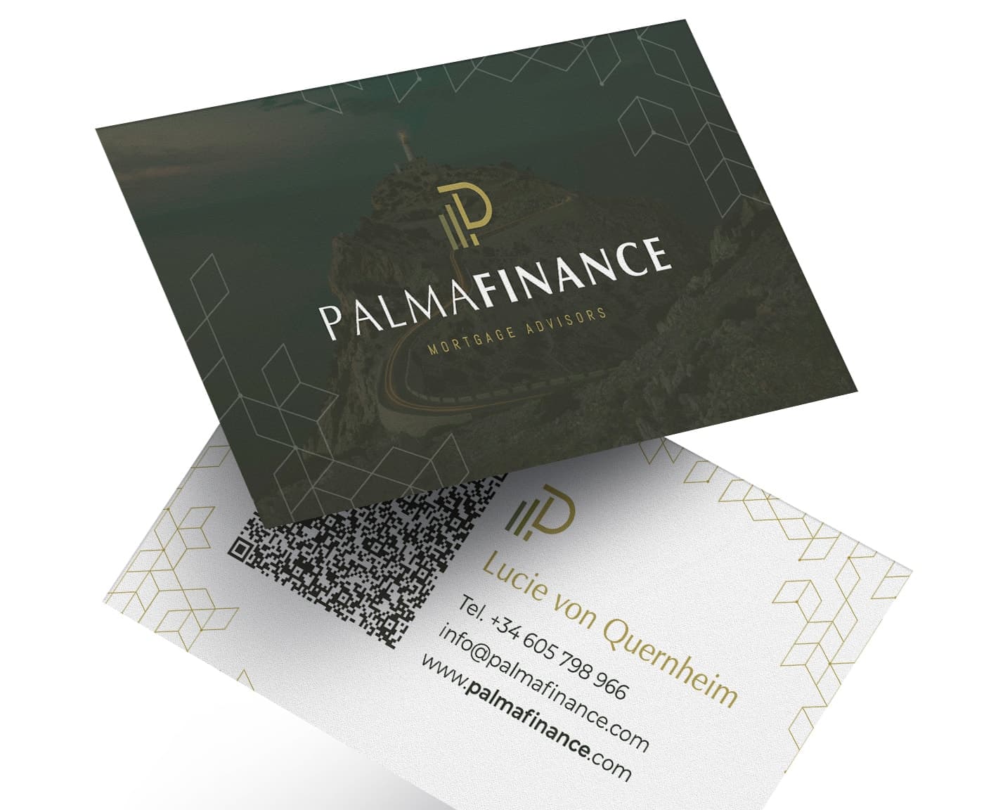 Business cards with coastal photography on the front and a QR code on the back