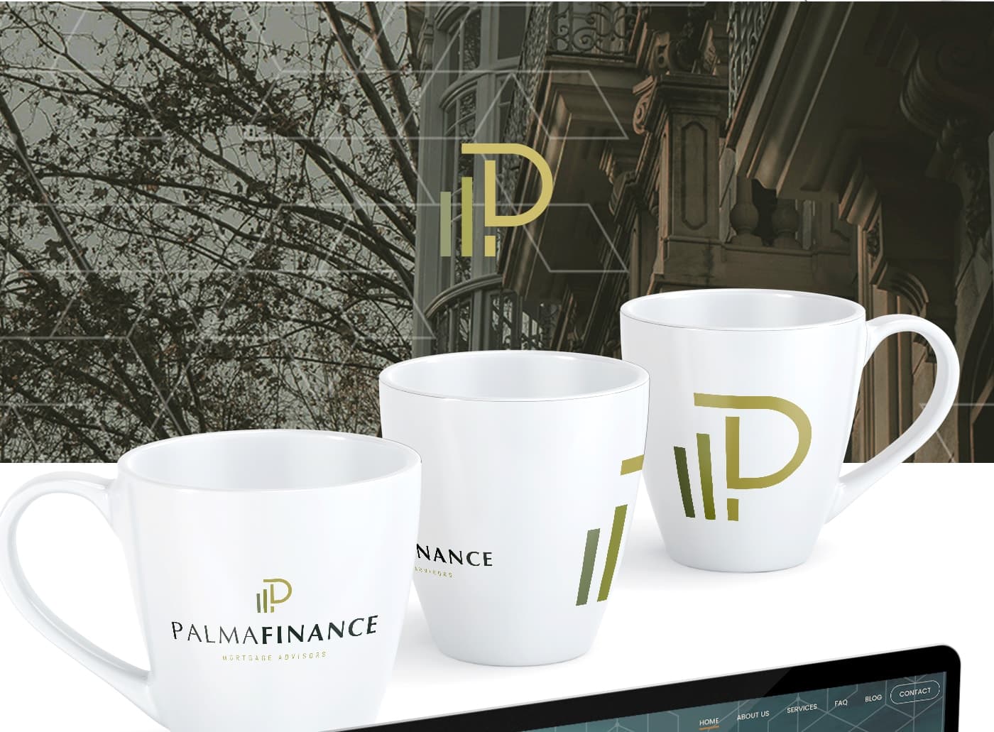 White mugs with the logo on an urban background in green tones