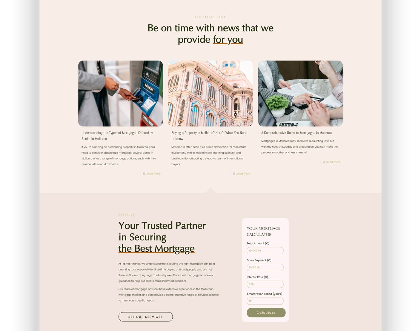Website blog section with three articles about mortgages in Mallorca