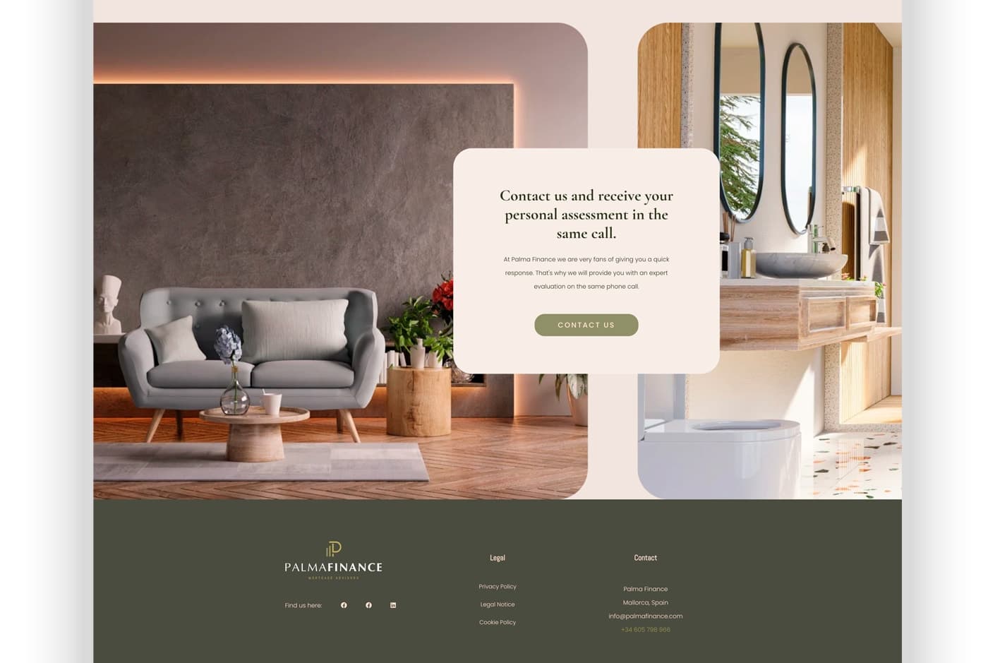 Website contact section with photographs of a living room and a bathroom