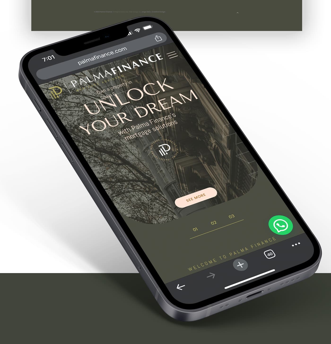 Mobile mockup with the Palma Finance website homepage