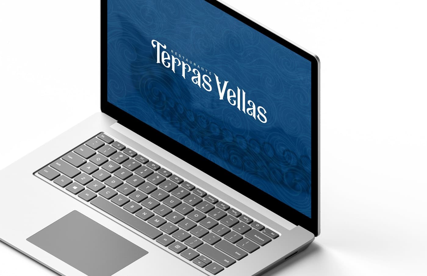 Maqueta del logotip Terras Vellas a la pantalla d'un portàtil amb textura d'ones blaves