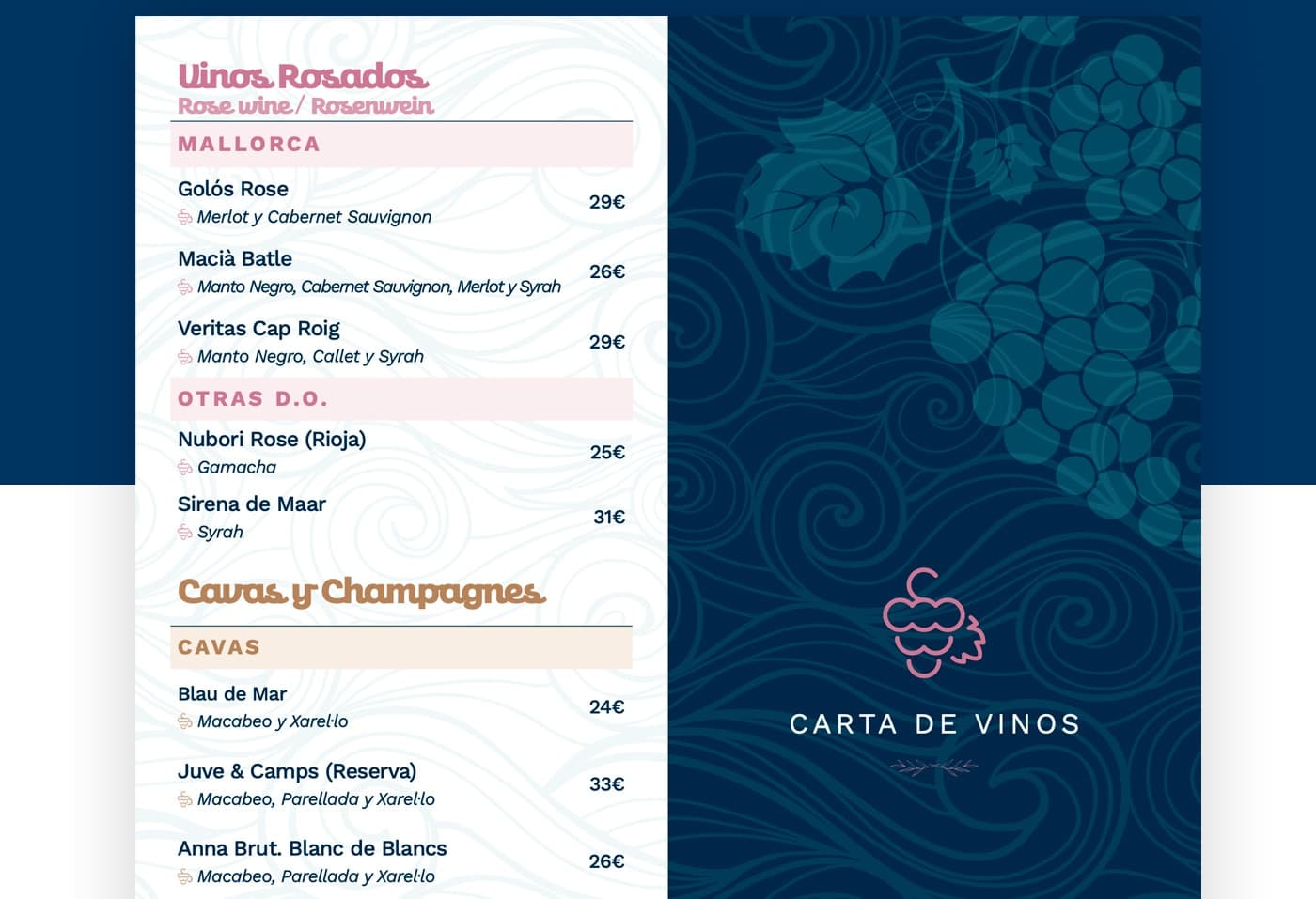 Pàgina de la carta amb els vins rosats i caves al costat d'una il·lustració de raïms